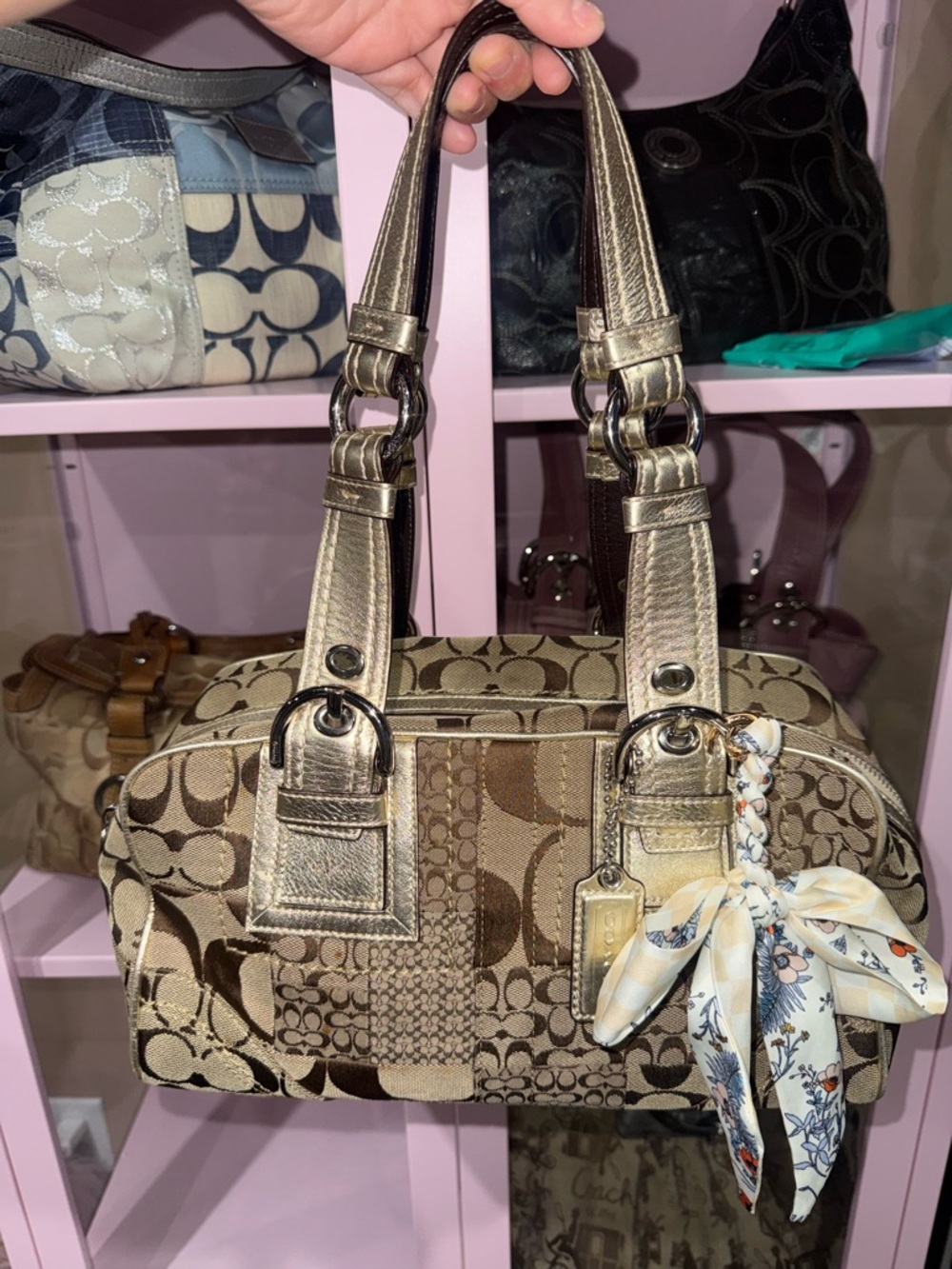 Coach Signature Patchwork Satchel in Beige/Brown with gold  coach vintage